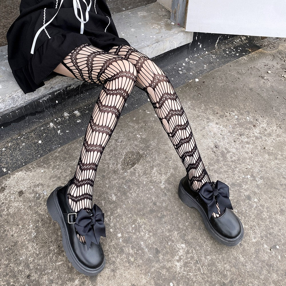 Stocking, Internet Celebrity, Diamond Shaped Lines, Black Silk, Thin Design, Japanese Retro Knee Length Stockings For Women