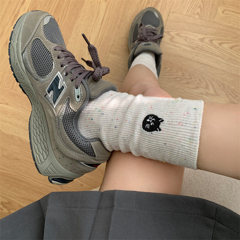 Cute Cat Embroidered Speckled Crew Socks, Casual Ribbed Knit Socks, Women's Streetwear Mid-Calf Socks For Sneakers