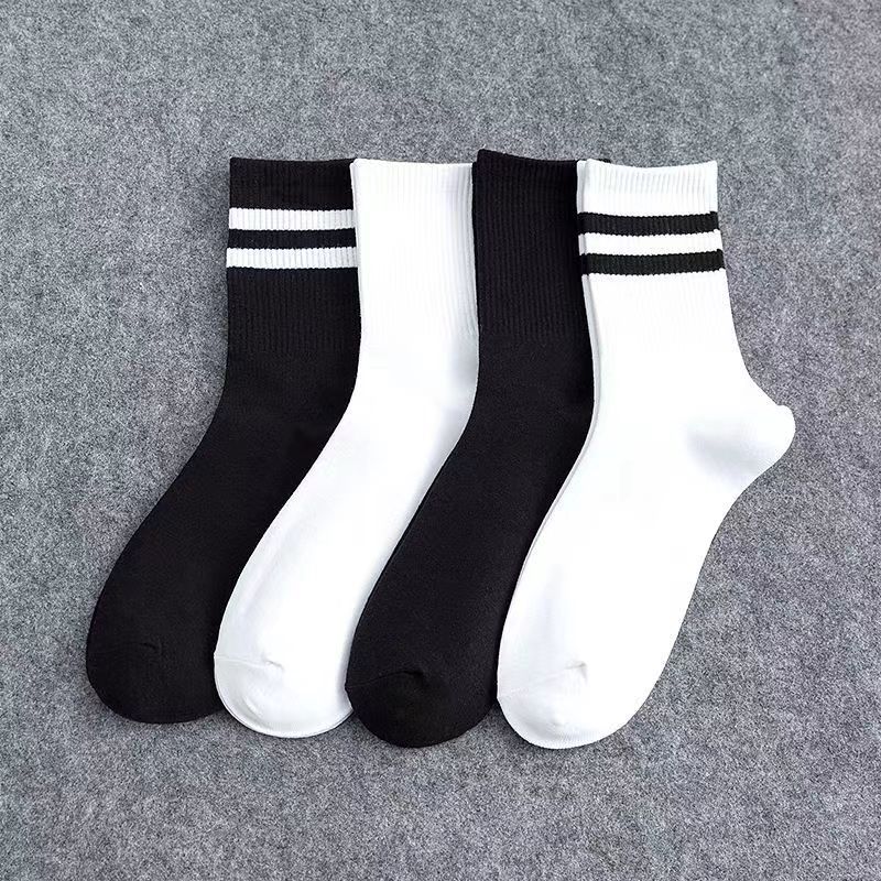 Women's Classic Black & White Striped Crew Socks, Basic Solid & Double Line Ribbed Knit Socks, Casual Sporty Mid-Calf Socks For Daily Wear
