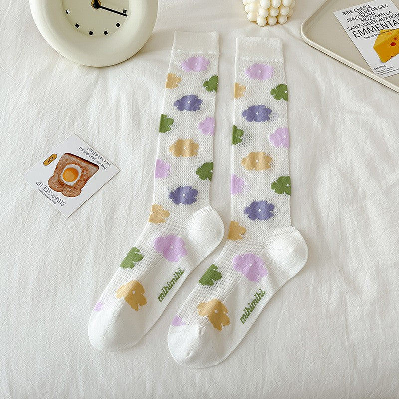 Women's Flower Soft Calf Socks Summer Thin Long Socks Lace Transparent Socks Breathable And Comfortable