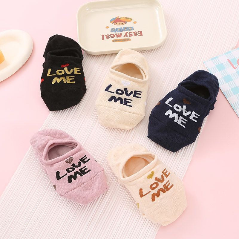 Women's LOVE ME Printed No Show Socks, Cute Letter & Heart Embroidery Liner Socks, Non-Slip Low-Cut Socks For Sneakers & Daily Wear