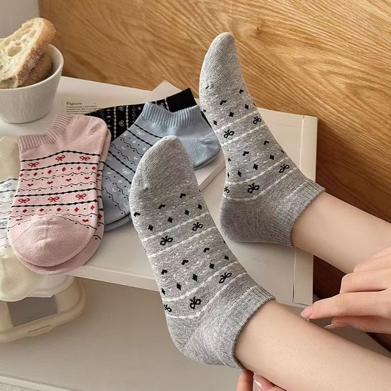 Coquette Bow & Heart Pattern Ankle Socks, Cute Striped Low-Cut Socks, Women's Sweet Casual Socks For Sneakers & Preppy Style