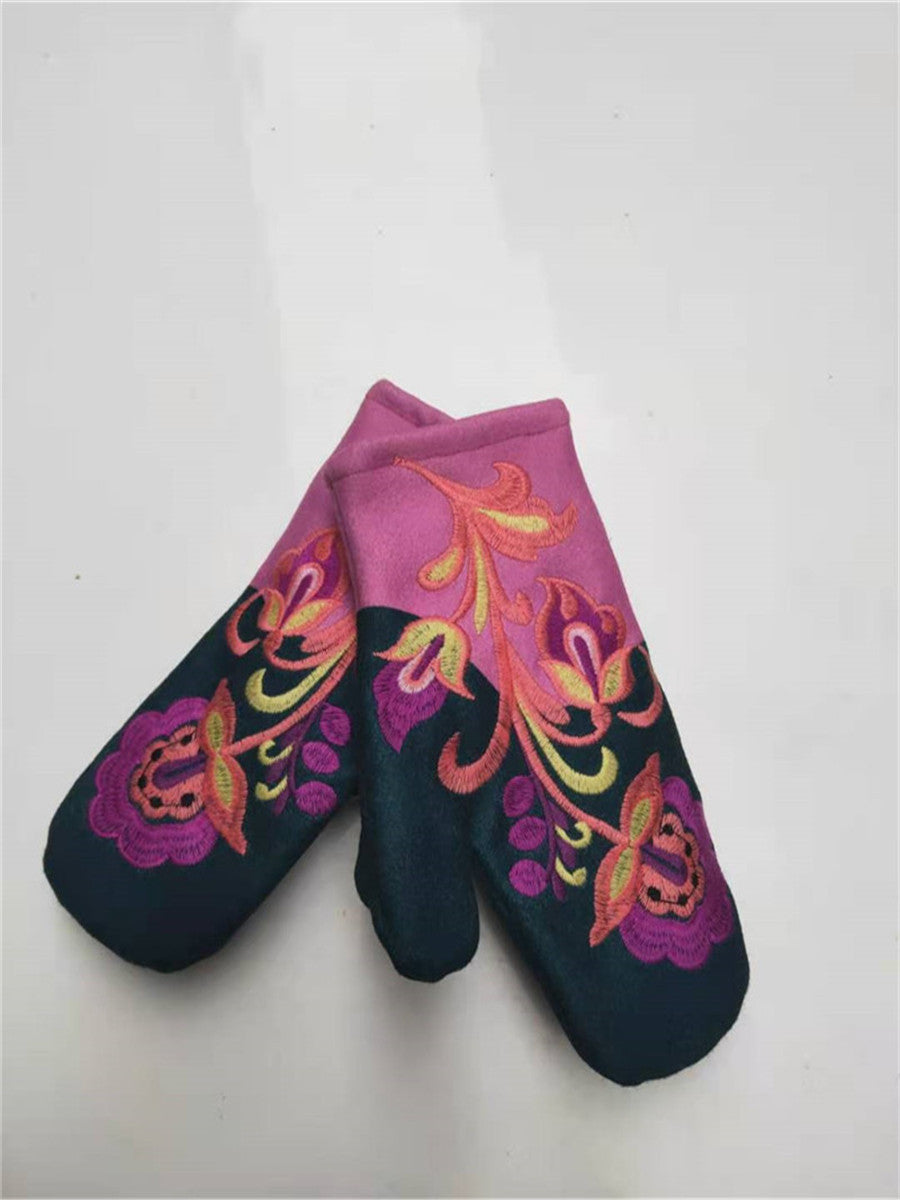 Thickened Color-block Embroidered Winter Warm Gloves For Women