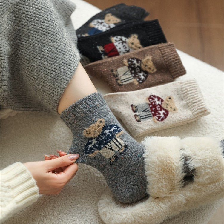 Cute Bear Print Ribbed Crew Socks, Warm Winter Casual Knit Socks For Women, Cozy Soft Neutral Color Socks