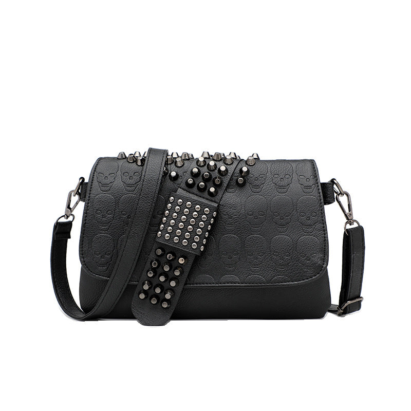 Womens Rivet Embossed Black Skull Shoulder Crossbody Bag