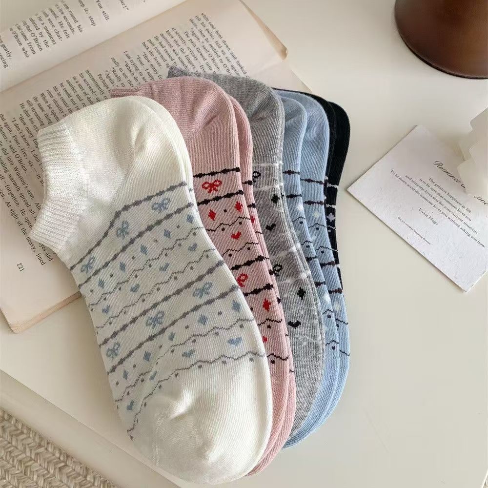 Coquette Bow & Heart Pattern Ankle Socks, Cute Striped Low-Cut Socks, Women's Sweet Casual Socks For Sneakers & Preppy Style