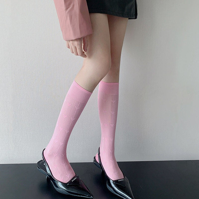 Summer Temperament Dopamine Calf Socks Children's Love Hollow Mesh Knee Pile Socks Long Socks