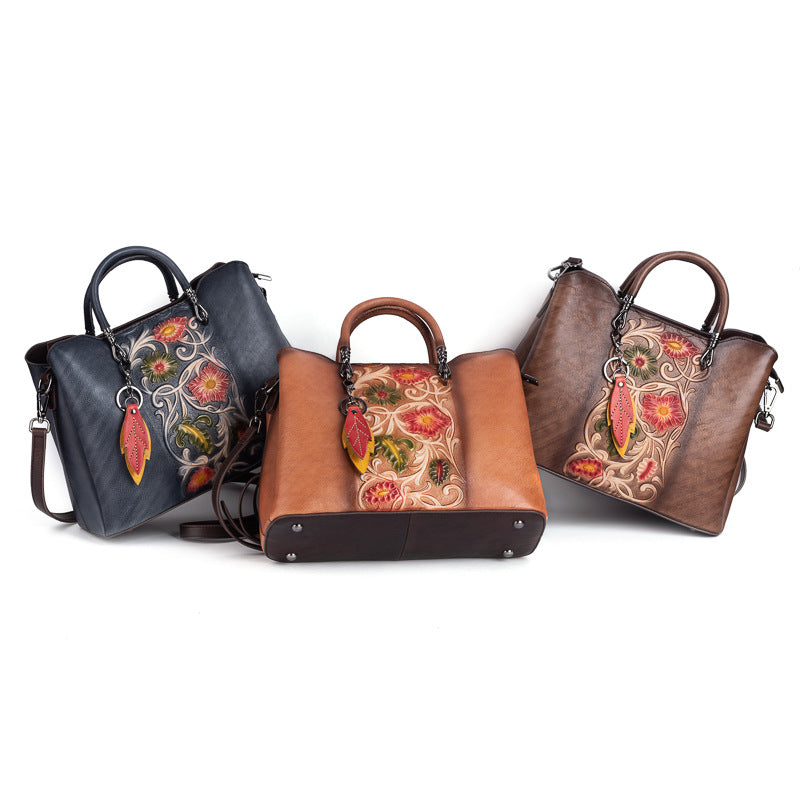 Retro Genuine Leather Embossed Distressed Simple Large-Capacity Tote Bag