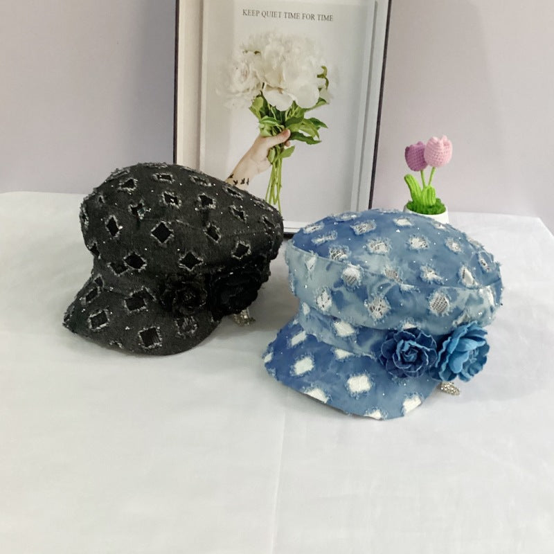 Fashion Flat Top Octagonal Cap Hole Denim All-match Navy Hat