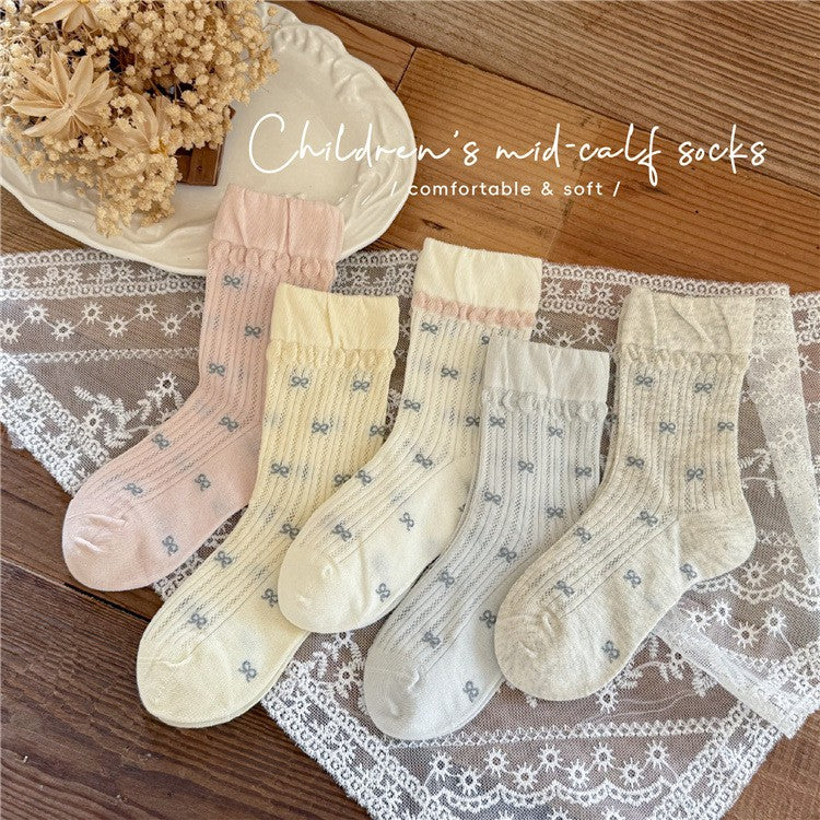 5pairs Summer New Children's Socks With Loose Mouth Lace Bow, Mid Tube Socks, Mesh Princess Socks