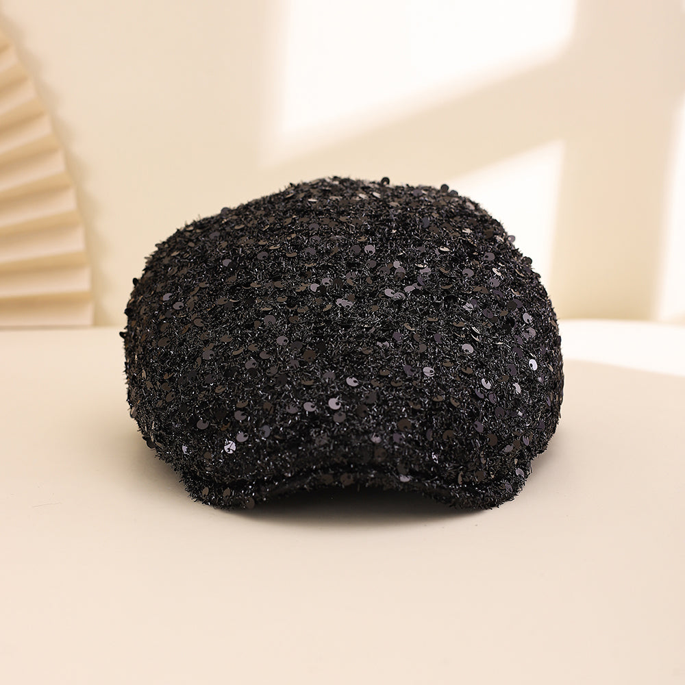 Fashionable Plain-color Sequined Forward Hat - Classic And Versatile, With Lustrous Petal-like Brim. Suitable For Stage Performances.