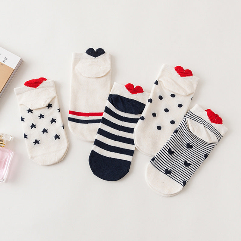Cute 3D Heart Heel Ankle Socks, Nautical Star Stripe & Polka Dot Short Socks, Women's Casual Sweet Low-Cut Socks For Daily Wear
