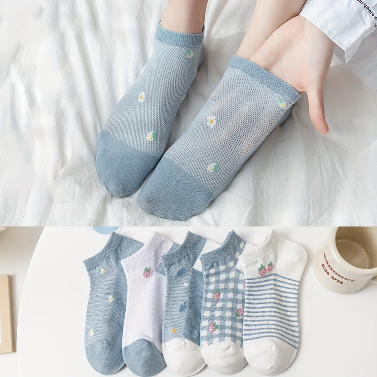 Blue & White Mesh Ankle Socks, Cute Strawberry & Floral Print Low-Cut Socks, Women's Breathable Casual Socks For Summer
