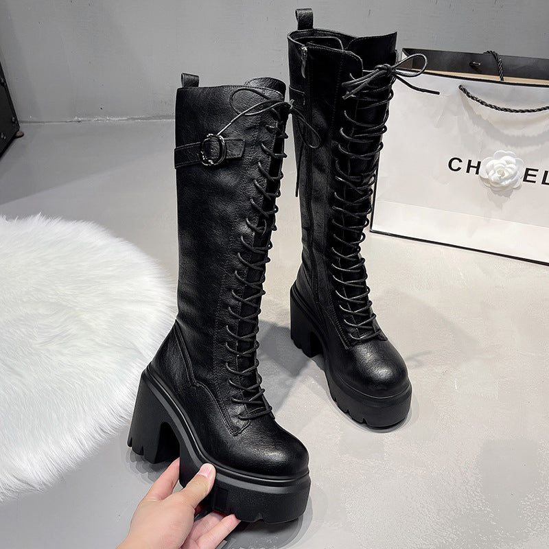 Womens Versatile High-heeled Round-toe Lace-up Over-the-knee Boots