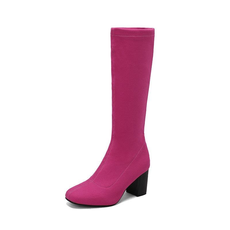 Womens Stretchy Chunky Heel Over-the-Knee Boots