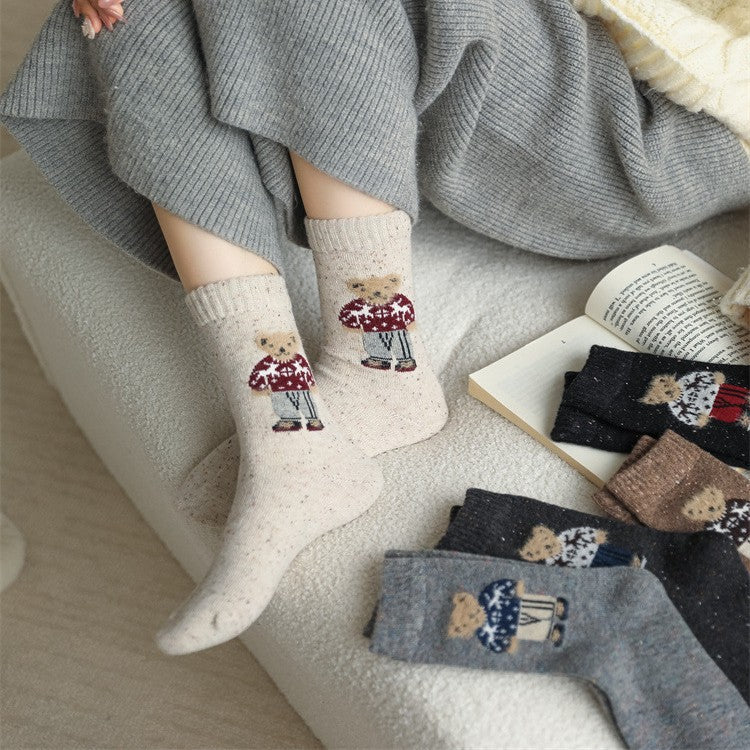 Cute Bear Print Ribbed Crew Socks, Warm Winter Casual Knit Socks For Women, Cozy Soft Neutral Color Socks