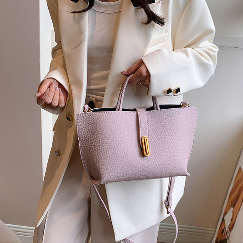 INS Litchi Pattern Shoulder Bag Fashion Zipper Bucket Bag High Capacity Totes Handbag For Women