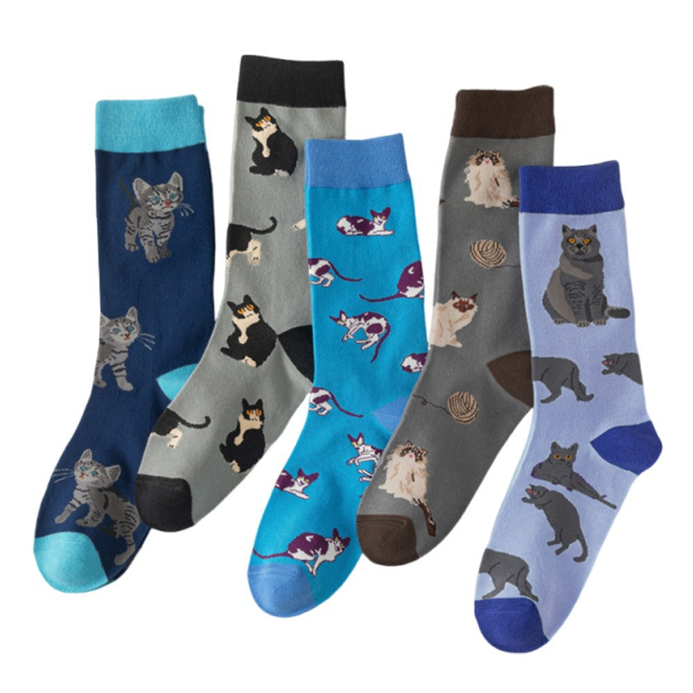 Cute Cat Print Crew Socks, Colorful Kitten & Yarn Ball Pattern Knit Socks, Women's Casual Novelty Socks For Daily Wear & Cat Lovers