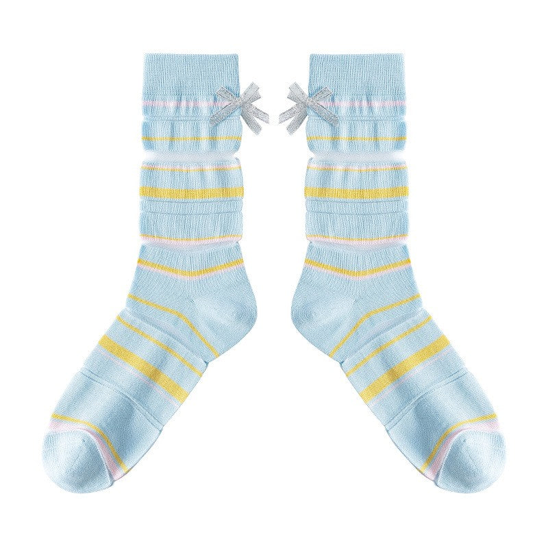 Spring Summer Socks Children's Thin Striped Glass Thread Middle Socks Japanese Fresh Bow