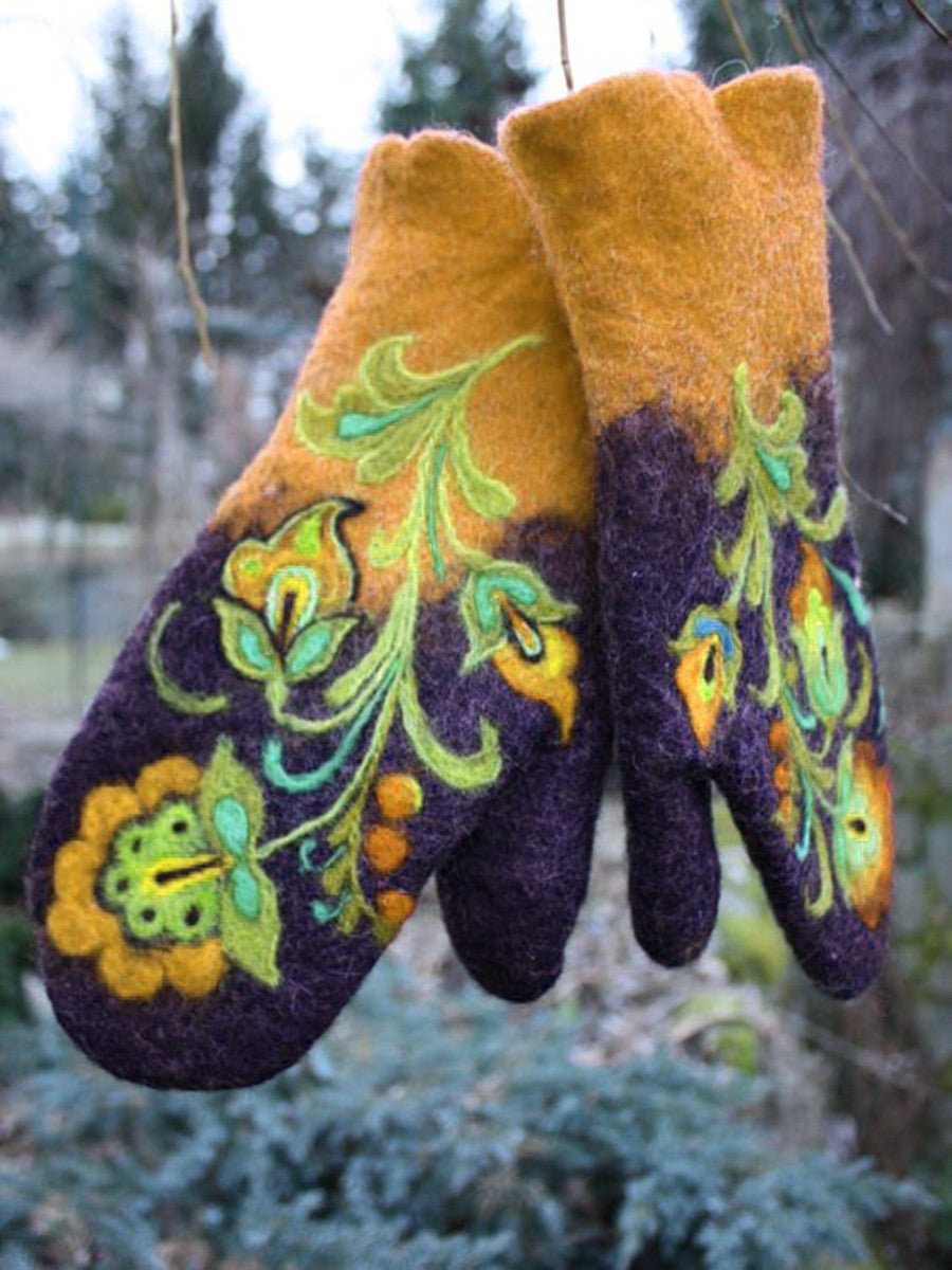 Thickened Color-block Embroidered Winter Warm Gloves For Women
