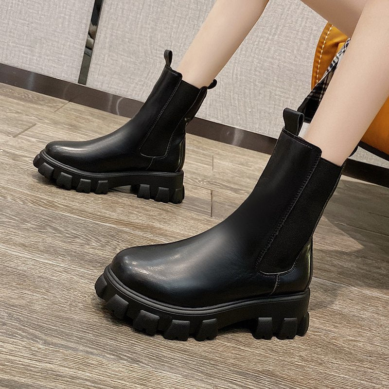 British Style Mid Calf Boots for Women - Autumn Winter Thick Sole Chunky Heel Ankle Boots