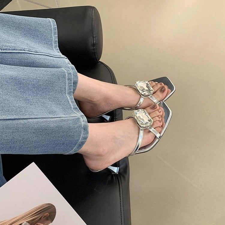 2026 Summer New Korean Style Stiletto Heel Slides For Women, Rhinestone Open Toe High Heel Mules, Dressy Sandals For Ladies