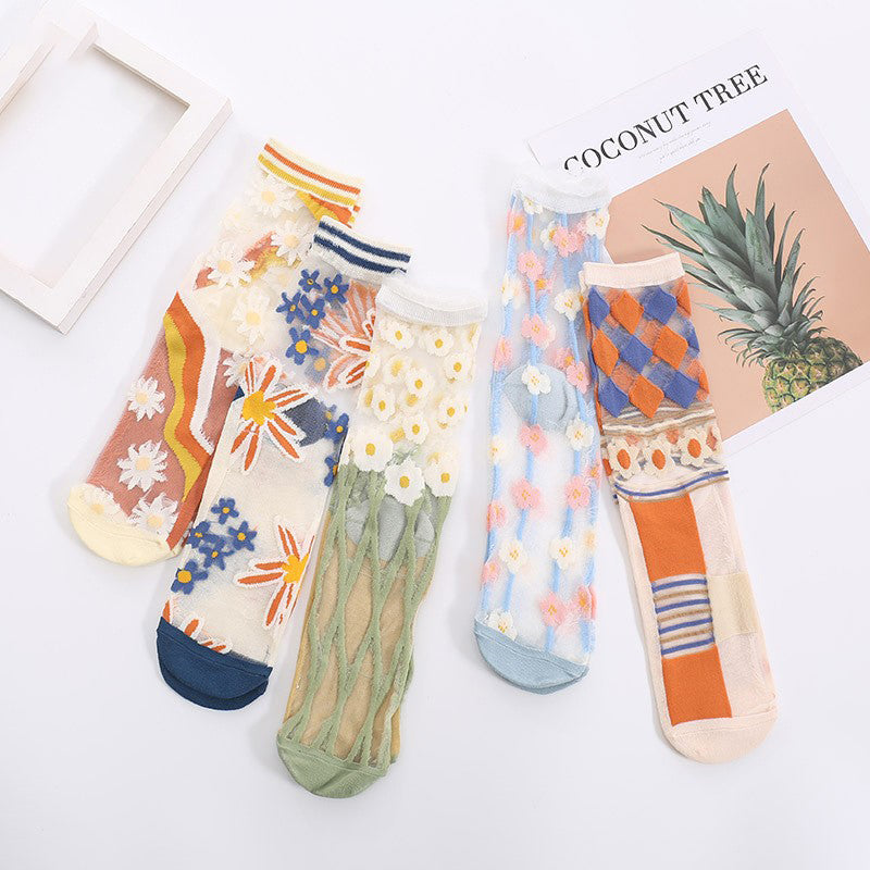 5 Pairs Of Women's Summer Ultra-thin Transparent Ice Silk Glass Silk Long Tube Lace Mid Tube Crystal Socks