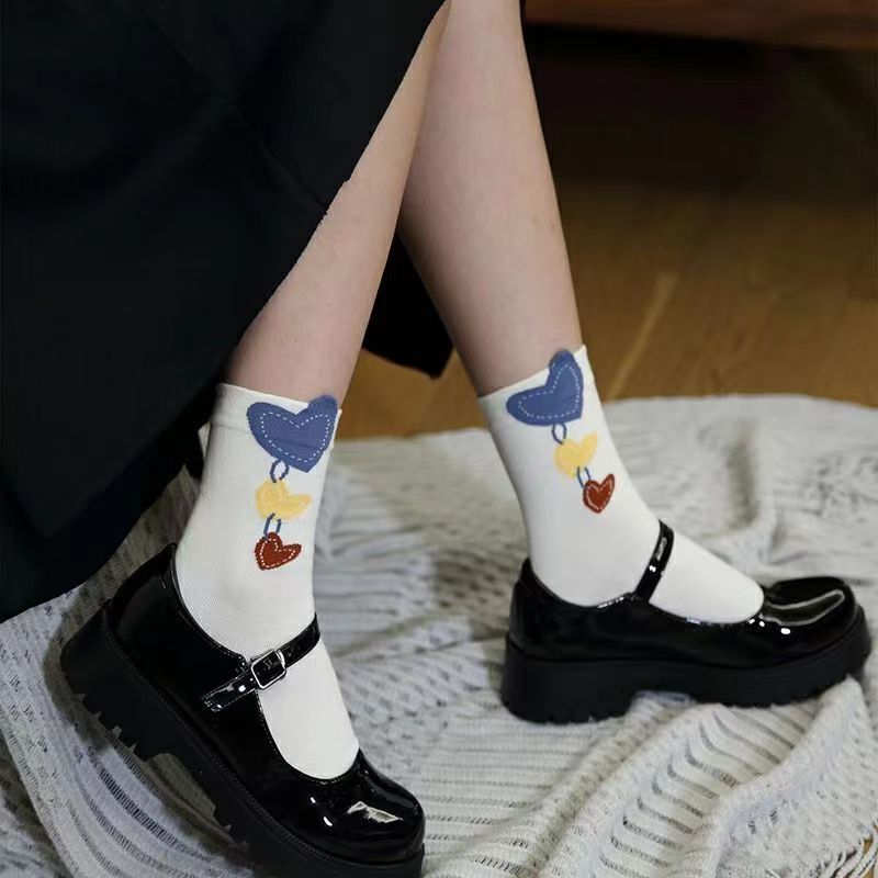 Whimsical Cartoon Print Crew Socks, Colorful Floral & Heart Pattern Knit Socks, Women's Fun Casual Socks For Everyday & Preppy Outfits