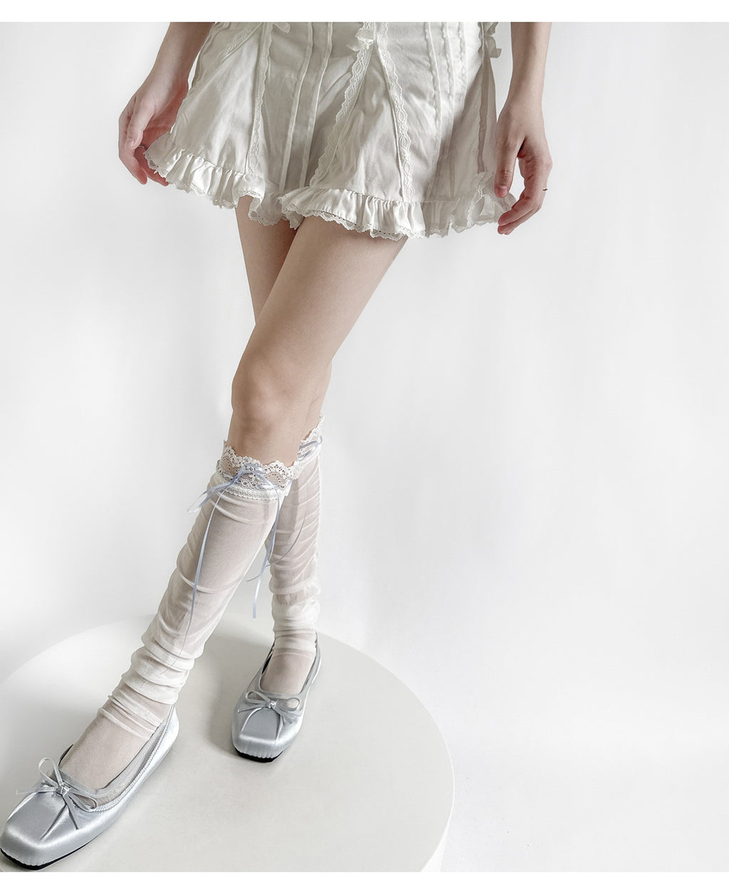 Spring Summer Thin White Lace Lace Mesh Stacked Leg Socks Sweet Rope Strap Bow Over Knee Socks