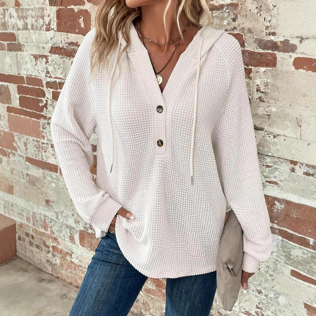 Waffle Hooded Sweater Sweatshirt Fashion Casual Long-sleeved Drawstring V-neck Buttons Top Women's Clothing