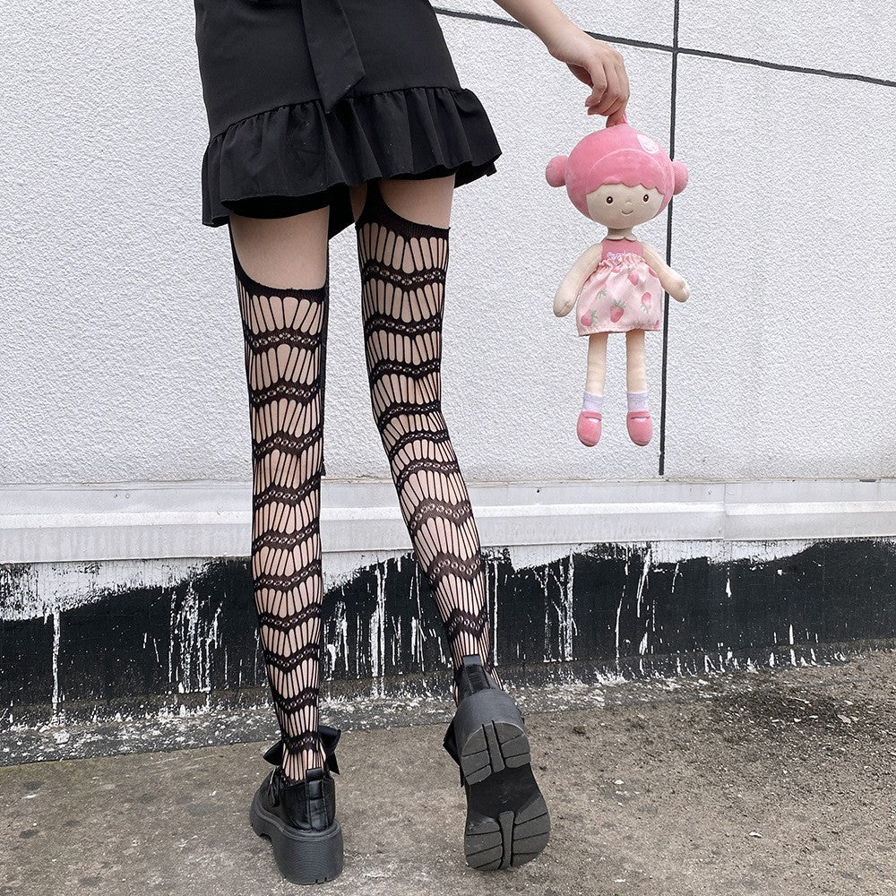 Stocking, Internet Celebrity, Diamond Shaped Lines, Black Silk, Thin Design, Japanese Retro Knee Length Stockings For Women