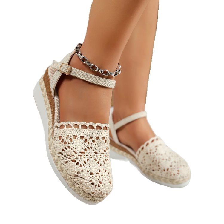 Straw-woven Wedge Sandals Womens Summer Platform Thick-soled Waterproof High Heels