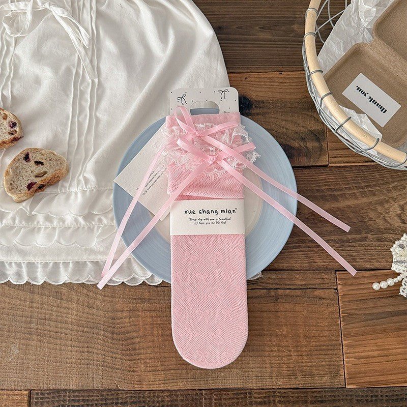 Ballet Style Pile Socks Women's Spring And Summer Thin Lace Bow Korean Girls Calf Stockings