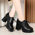 New Spring Autumn Lace-Up Deep-V Shallow-Shoe Soft Leather Chunky Heel Platform Elegant High Heels For Women
