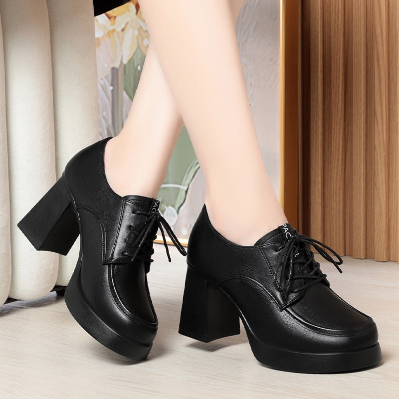 New Spring Autumn Lace-Up Deep-V Shallow-Shoe Soft Leather Chunky Heel Platform Elegant High Heels For Women