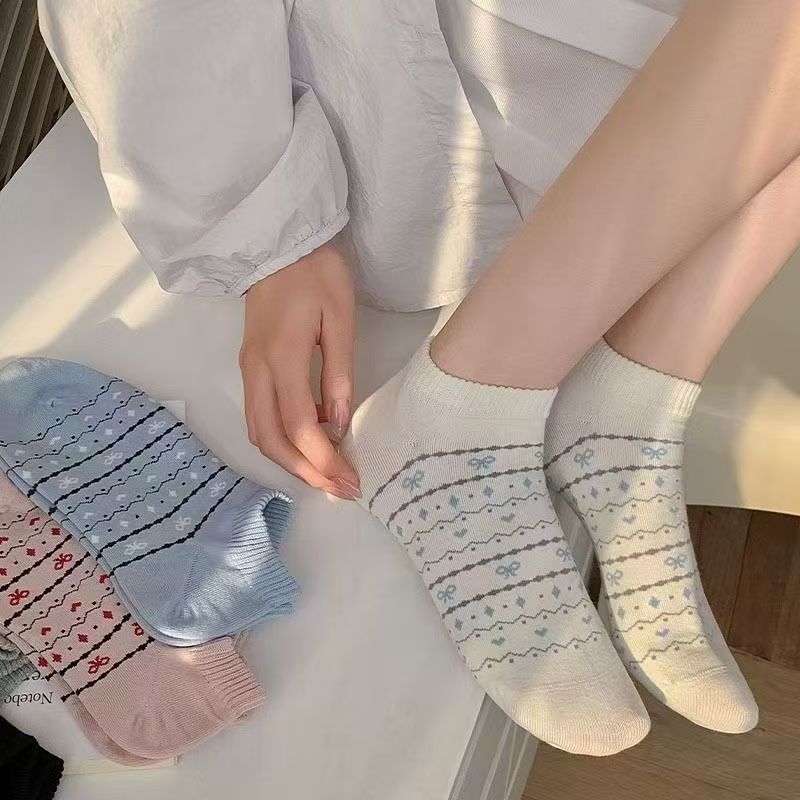 Coquette Bow & Heart Pattern Ankle Socks, Cute Striped Low-Cut Socks, Women's Sweet Casual Socks For Sneakers & Preppy Style