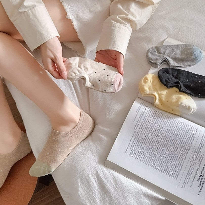 5pairs Wave Point Boat Socks Women's Spring And Summer Thin Silicone Anti Slip Non Falling Heels Breathable Casual Shallow Socks