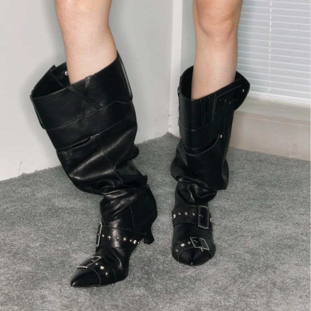 Pointed-toe Metal Buckle High-shaft Puffy Boots Vintage Long Boots For Women