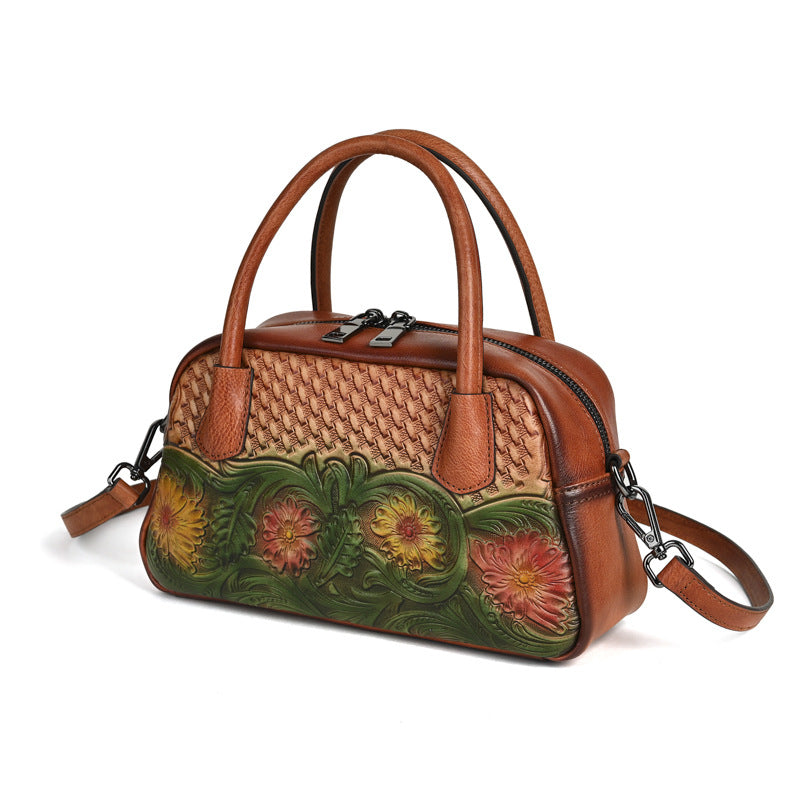 Retro Ethnic-style Full-grain Leather Shoulder Bag For Women