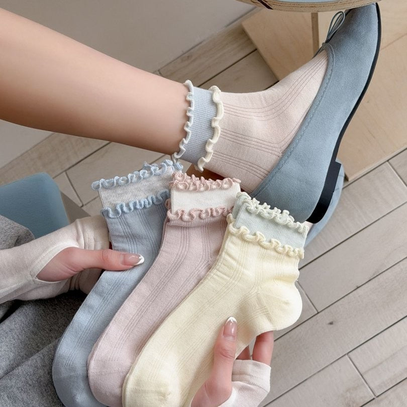 5pairs Women's Spring And Summer Thin Black Fungal Edge Short Tube Socks Wholesale Versatile Lolita Cute Women's Socks