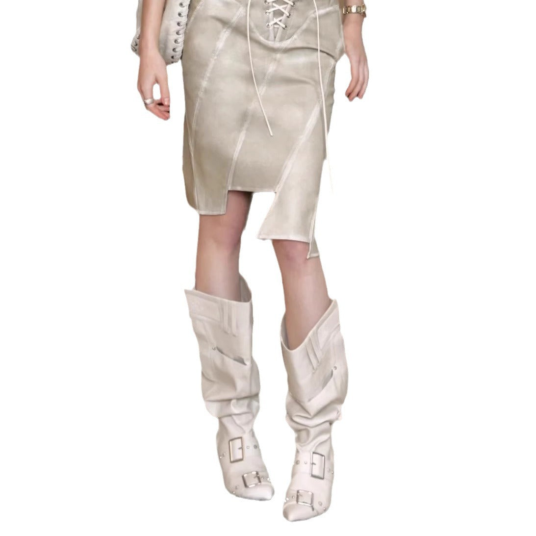 Pointed-toe Metal Buckle High-shaft Puffy Boots Vintage Long Boots For Women