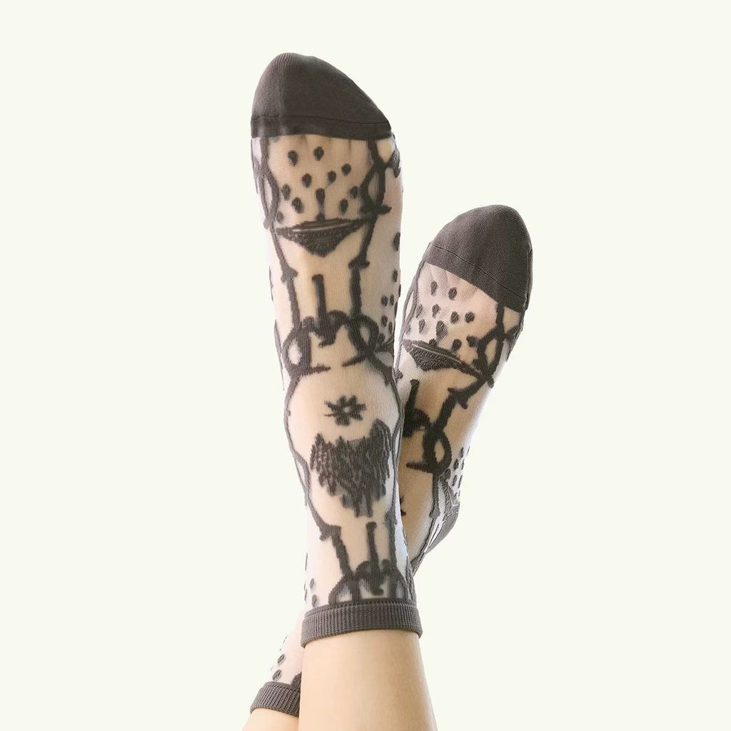 Cass Women's Socks With Spring And Summer Patterns, Lace, Crystal Glass Silk, Lightweight, Breathable, Personalized Trendy Stockings, Women's Summer Thin Version