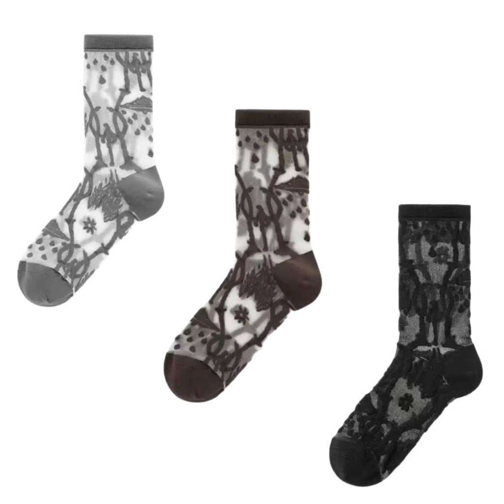 Cass Women's Socks With Spring And Summer Patterns, Lace, Crystal Glass Silk, Lightweight, Breathable, Personalized Trendy Stockings, Women's Summer Thin Version