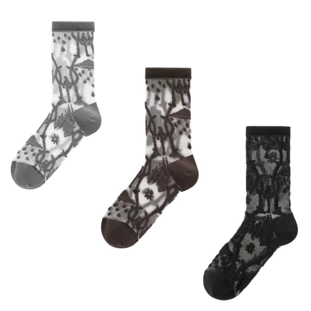 Cass Women's Socks With Spring And Summer Patterns, Lace, Crystal Glass Silk, Lightweight, Breathable, Personalized Trendy Stockings, Women's Summer Thin Version