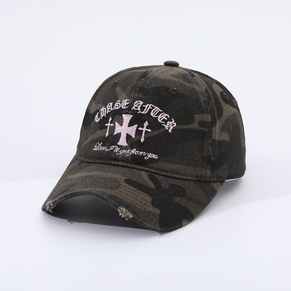 Pink Letter Cross-stitch Embroidered Beveled And Frayed Vintage Trend Baseball Cap Suitable For Street Dates, Shopping And Daily Wear