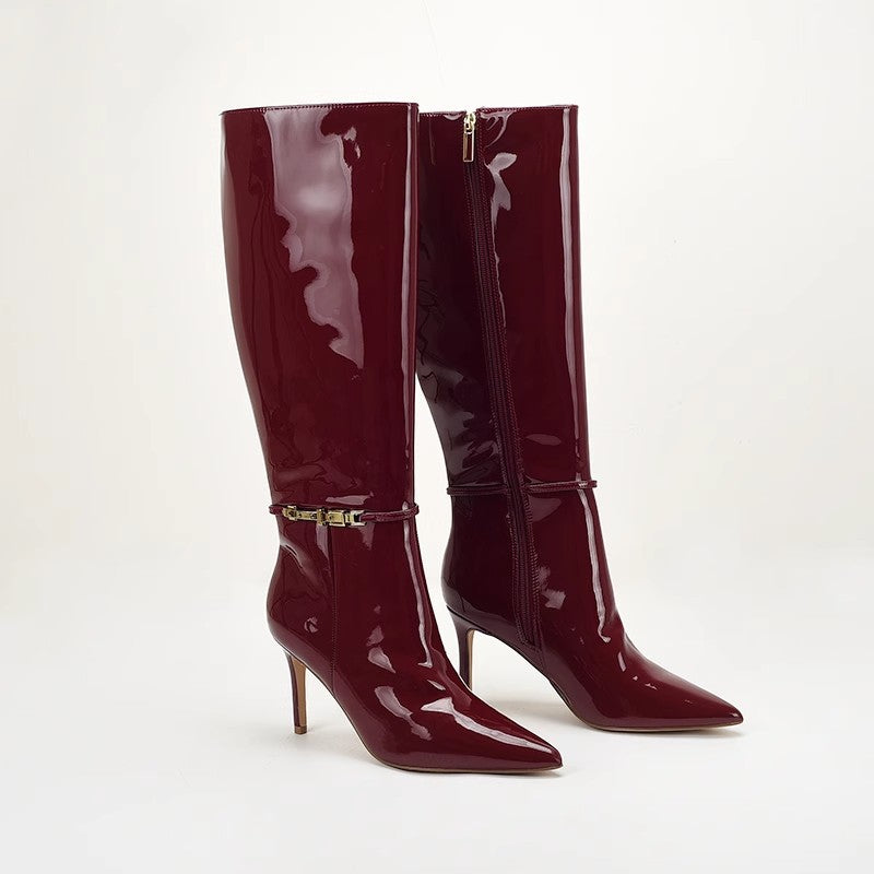Stiletto-heeled Leather Belt-buckle Zip Thigh-high Boots For Women