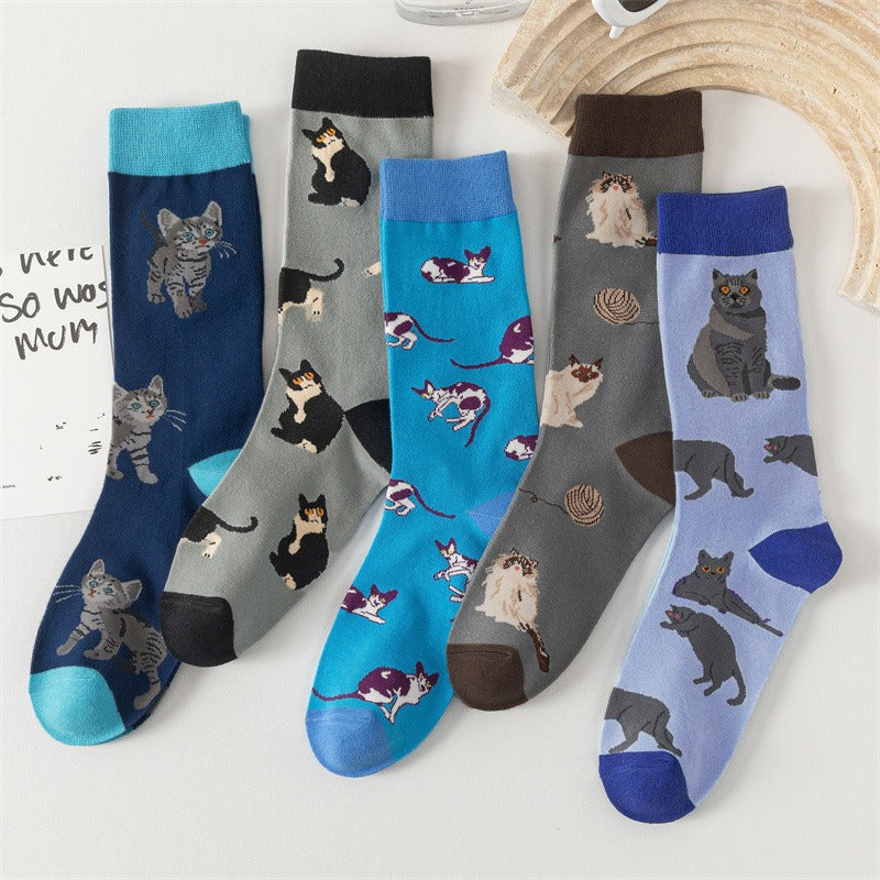Cute Cat Print Crew Socks, Colorful Kitten & Yarn Ball Pattern Knit Socks, Women's Casual Novelty Socks For Daily Wear & Cat Lovers