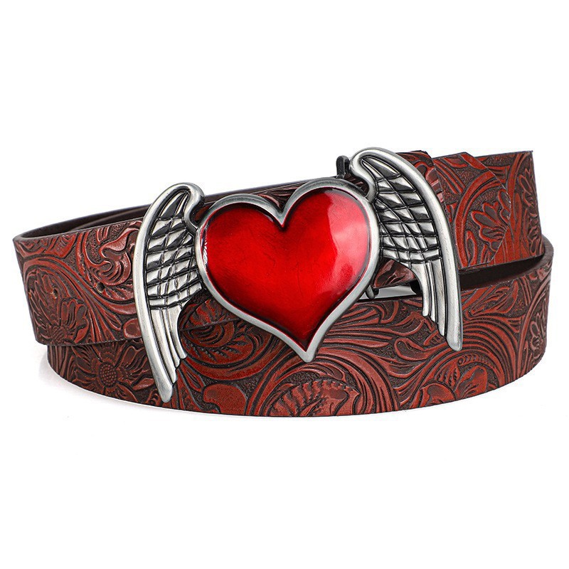 Punk-style Personalized Retro Embossed Heart-buckle A Versatile Edgy Goth Dark Leather Belt