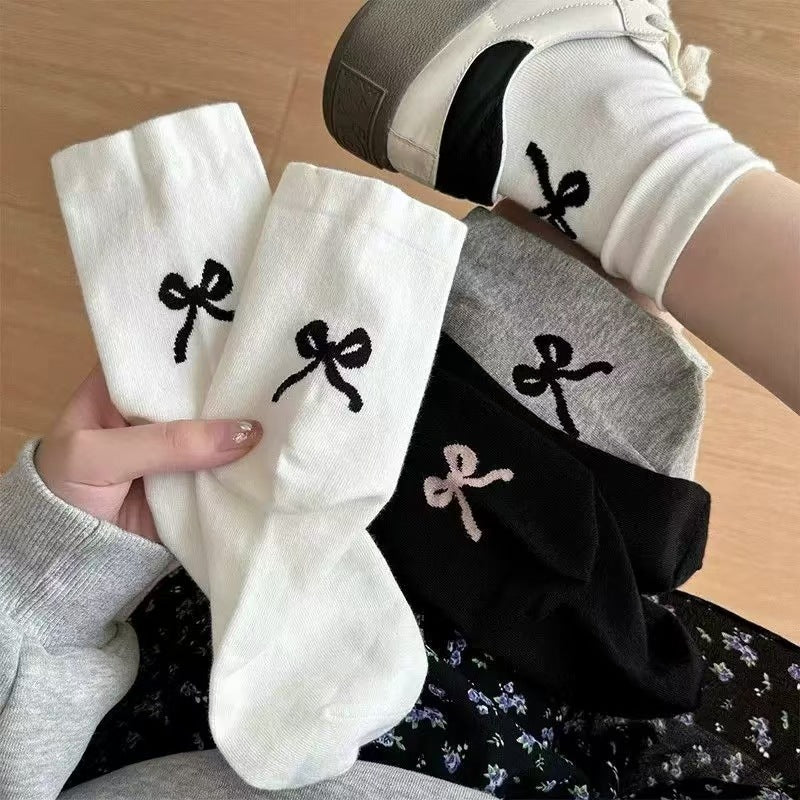 Women's Coquette Bow Embroidered Crew Socks, Cute Ribbed Knit Socks With Simple Bow Design, Casual Socks For Daily Wear & Preppy Style