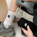 Cute Cat Embroidered Speckled Crew Socks, Casual Ribbed Knit Socks, Women's Streetwear Mid-Calf Socks For Sneakers